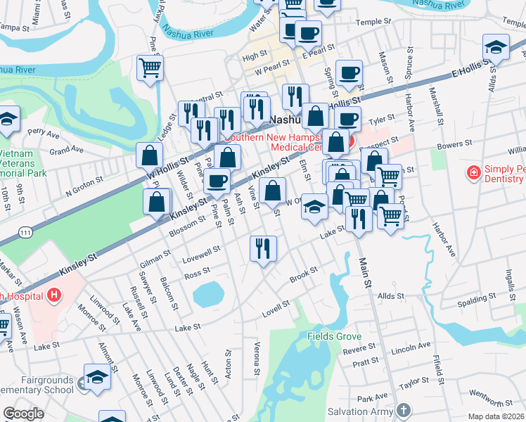 map of restaurants, bars, coffee shops, grocery stores, and more near 109 Vine Street in Nashua