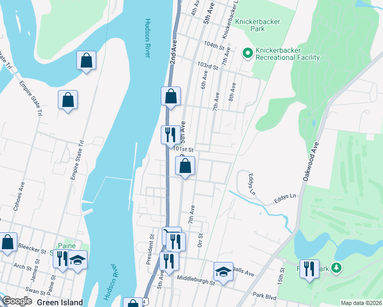 map of restaurants, bars, coffee shops, grocery stores, and more near 3335 7th Avenue in Troy