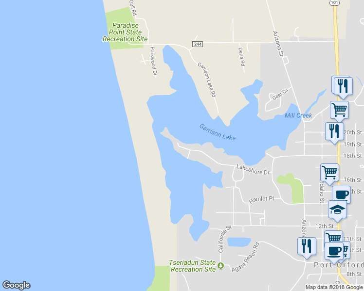map of restaurants, bars, coffee shops, grocery stores, and more near 1348 Lakeshore Drive in Port Orford