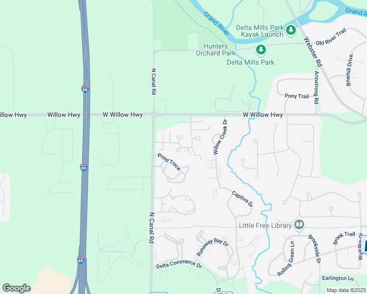 map of restaurants, bars, coffee shops, grocery stores, and more near 7521 Yellow Wood in Lansing