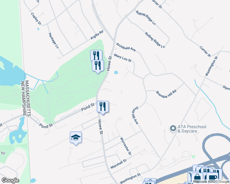 map of restaurants, bars, coffee shops, grocery stores, and more near 197 Howe Street in Methuen