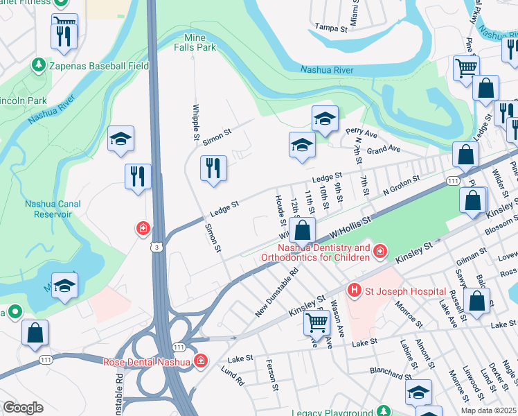 map of restaurants, bars, coffee shops, grocery stores, and more near 190 Ledge Street in Nashua