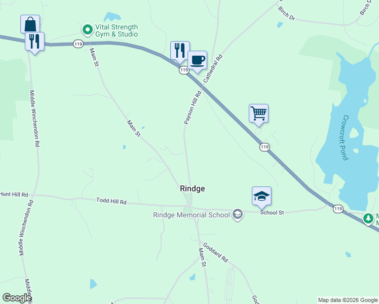 map of restaurants, bars, coffee shops, grocery stores, and more near 54 Payson Hill Road in Rindge