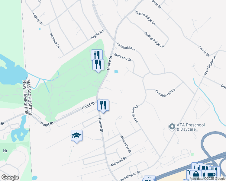 map of restaurants, bars, coffee shops, grocery stores, and more near 197 Howe Street in Methuen