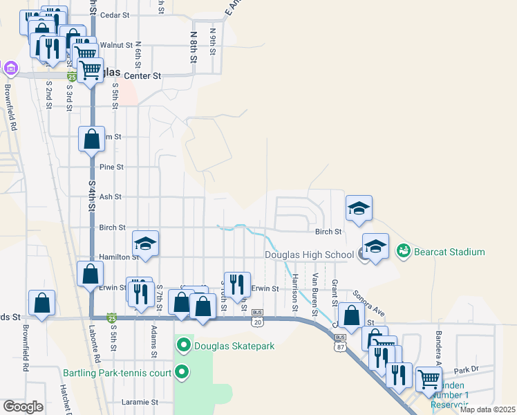 map of restaurants, bars, coffee shops, grocery stores, and more near 604 S 12th St in Douglas