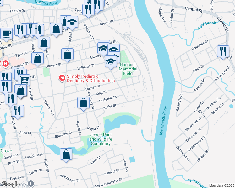 map of restaurants, bars, coffee shops, grocery stores, and more near 12 Underhill Street in Nashua