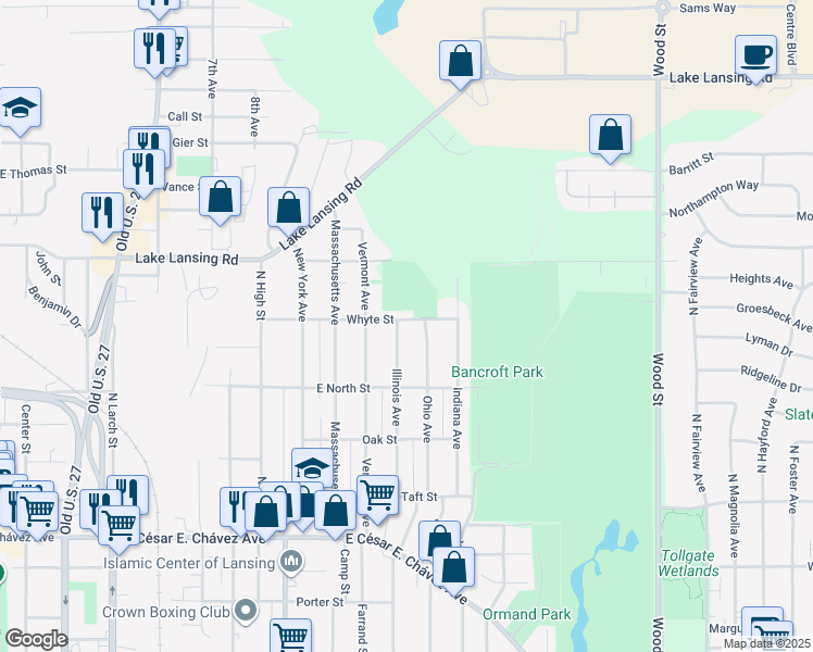 map of restaurants, bars, coffee shops, grocery stores, and more near 1703 Ohio Avenue in Lansing