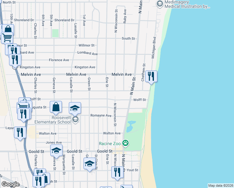 map of restaurants, bars, coffee shops, grocery stores, and more near 500 Wolff Street in Racine