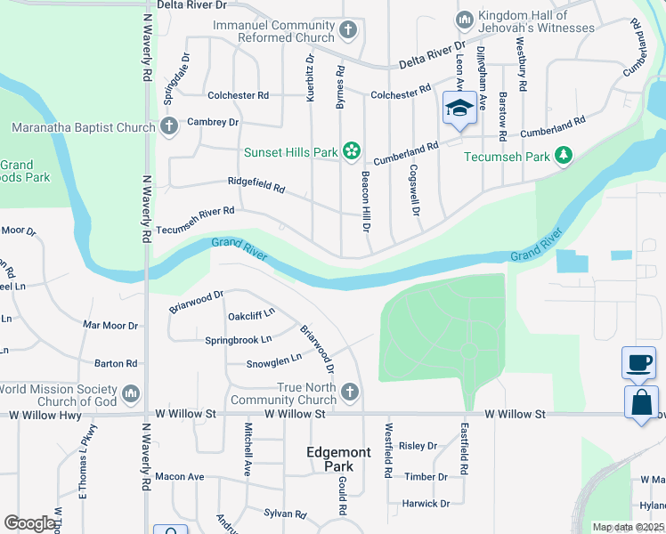 map of restaurants, bars, coffee shops, grocery stores, and more near 3201 Tecumseh River Road in Lansing