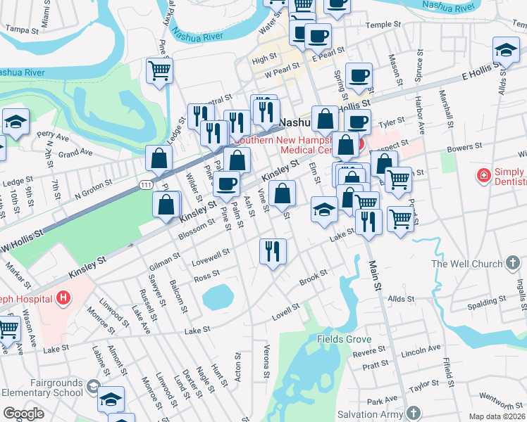 map of restaurants, bars, coffee shops, grocery stores, and more near 109 Vine Street in Nashua