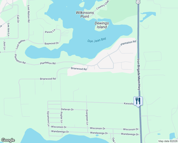 map of restaurants, bars, coffee shops, grocery stores, and more near W5301 Briarwood Road in Elkhorn