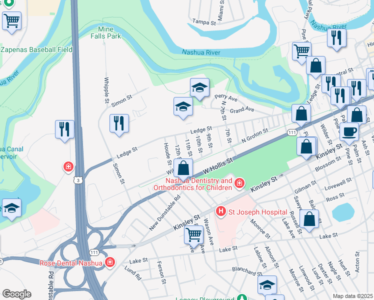 map of restaurants, bars, coffee shops, grocery stores, and more near 21 11th Street in Nashua