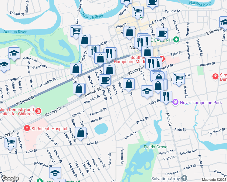 map of restaurants, bars, coffee shops, grocery stores, and more near 107 Palm Street in Nashua