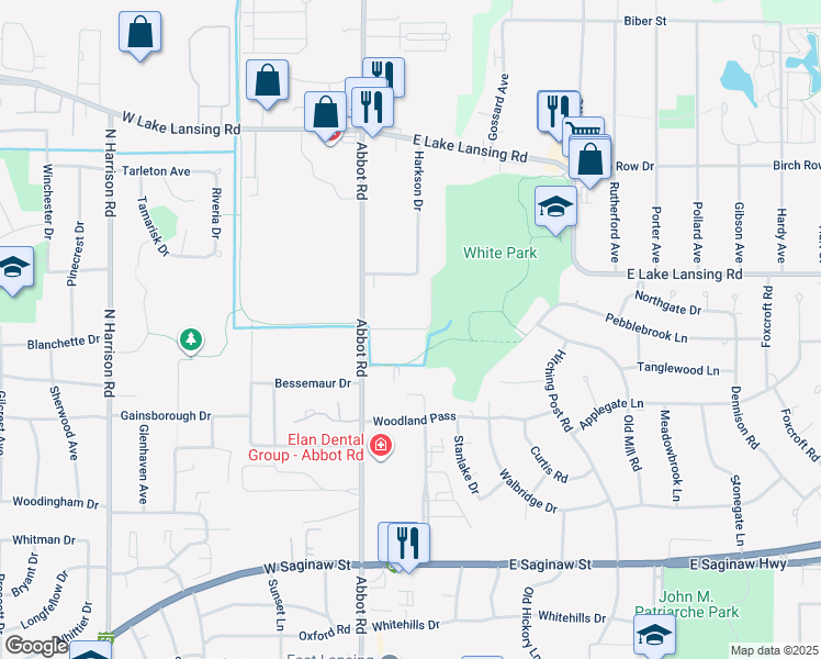 map of restaurants, bars, coffee shops, grocery stores, and more near 301 Rampart Way in East Lansing