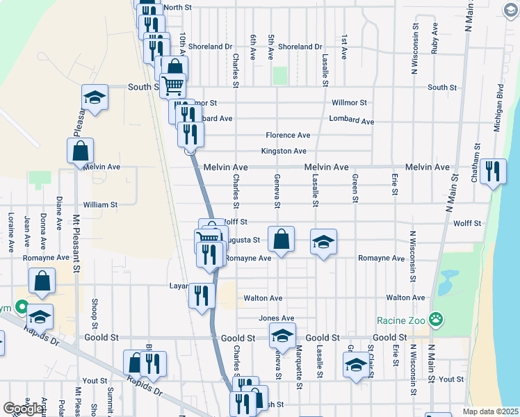 map of restaurants, bars, coffee shops, grocery stores, and more near 1212 Wolff Street in Racine