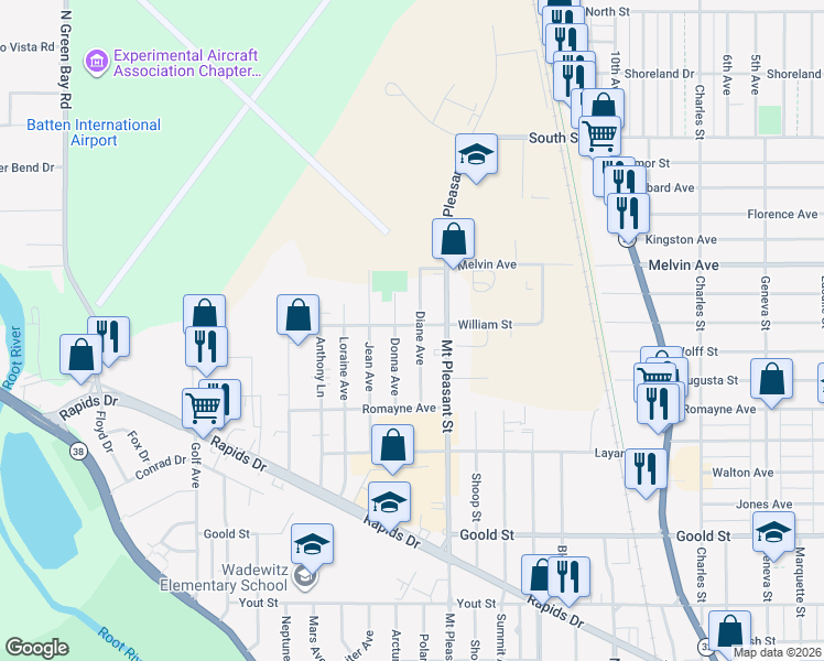 map of restaurants, bars, coffee shops, grocery stores, and more near 2627 Donna Avenue in Racine