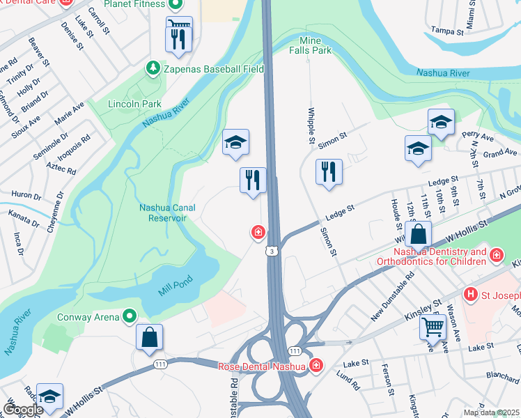 map of restaurants, bars, coffee shops, grocery stores, and more near 36 Riverside Street in Nashua