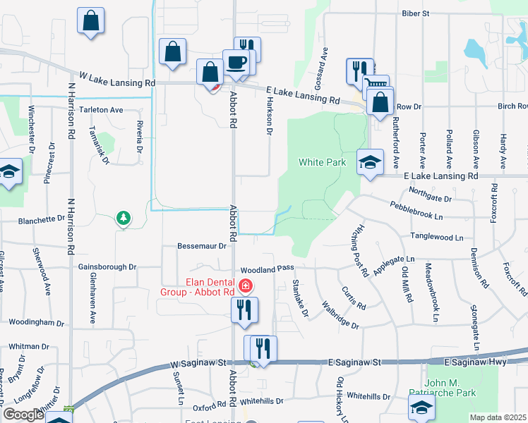 map of restaurants, bars, coffee shops, grocery stores, and more near 301 Rampart Way in East Lansing