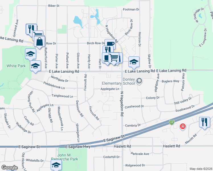 map of restaurants, bars, coffee shops, grocery stores, and more near 1257 Glenmeadow Lane in East Lansing