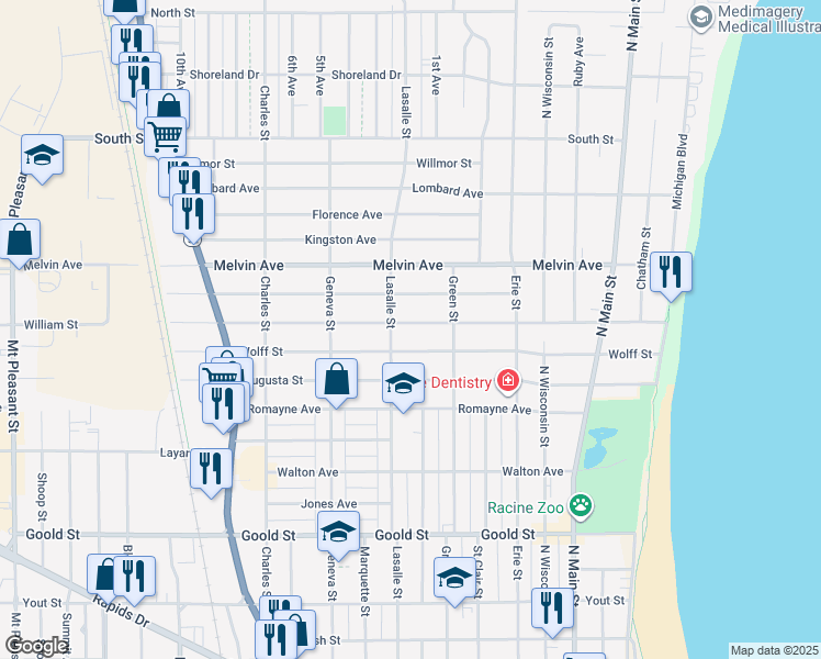 map of restaurants, bars, coffee shops, grocery stores, and more near 909 William Street in Racine