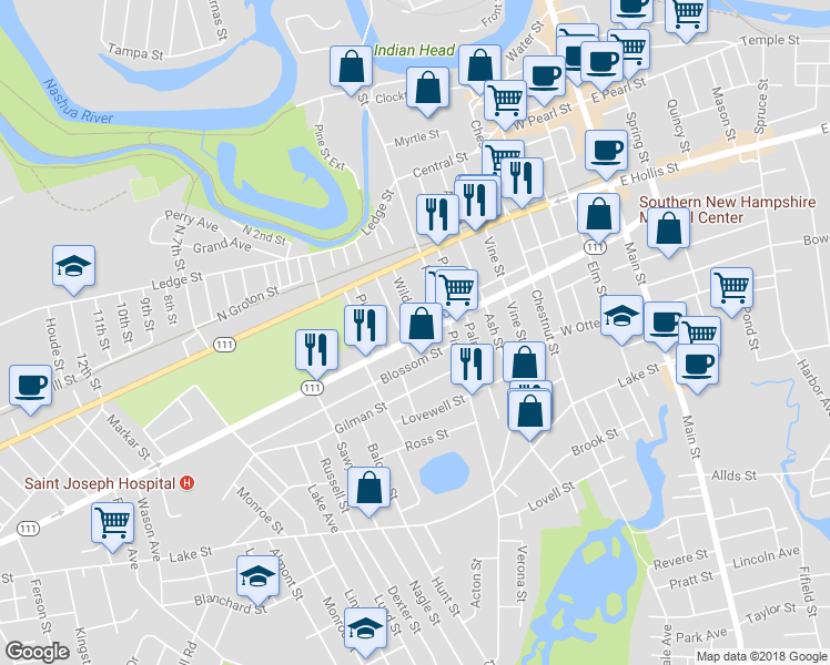 map of restaurants, bars, coffee shops, grocery stores, and more near 75 Kinsley Street in Nashua