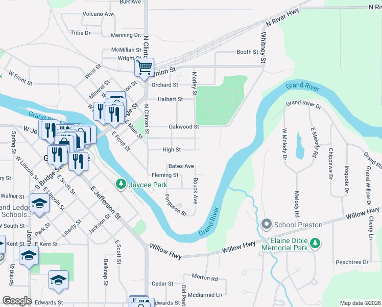 map of restaurants, bars, coffee shops, grocery stores, and more near 223 Bates Avenue in Grand Ledge