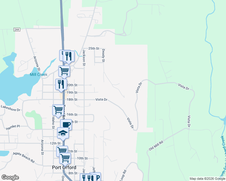map of restaurants, bars, coffee shops, grocery stores, and more near 2 Vista Drive in Port Orford
