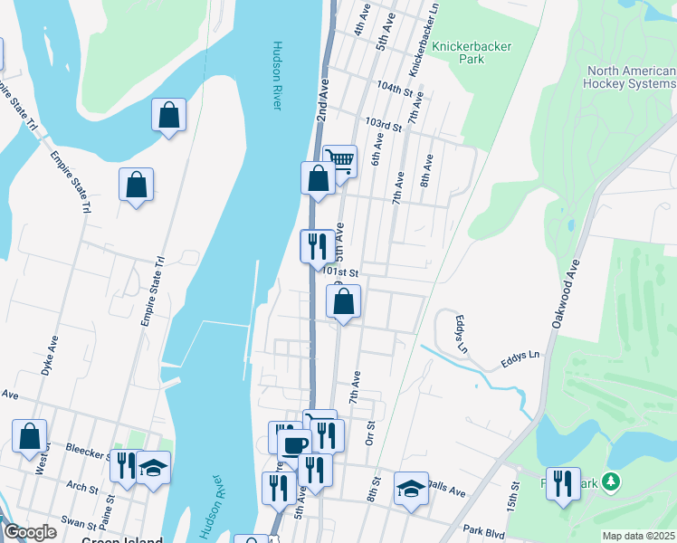 map of restaurants, bars, coffee shops, grocery stores, and more near 5th Avenue & 101st Street in Troy