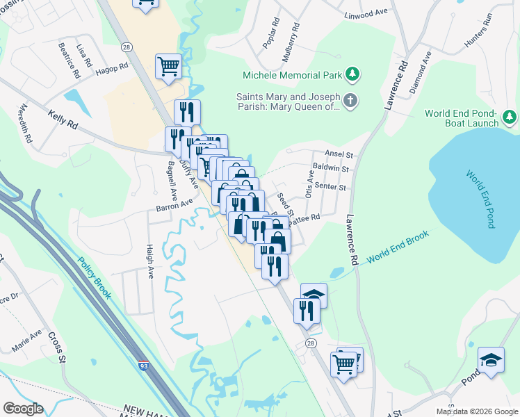 map of restaurants, bars, coffee shops, grocery stores, and more near 355 South Broadway in Salem