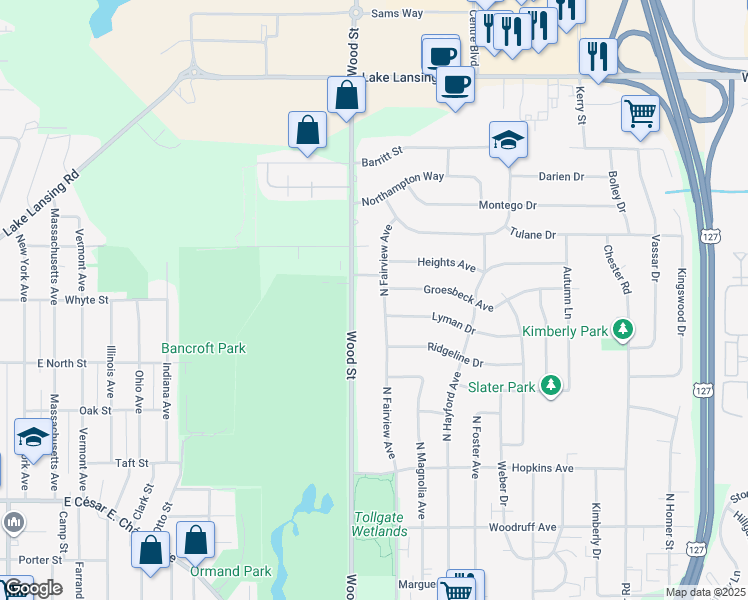 map of restaurants, bars, coffee shops, grocery stores, and more near 1719 North Fairview Avenue in Lansing