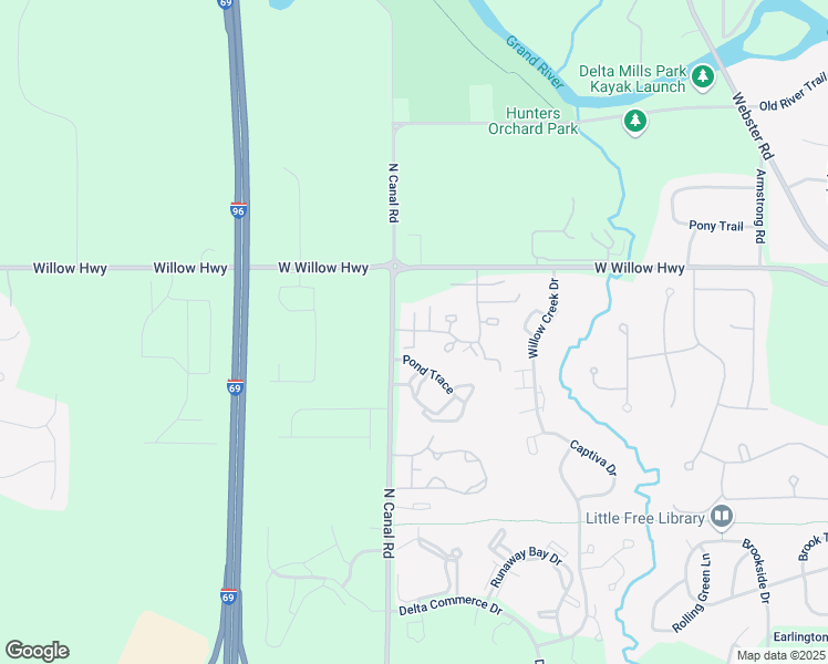 map of restaurants, bars, coffee shops, grocery stores, and more near 7520 Waters Edge in Lansing