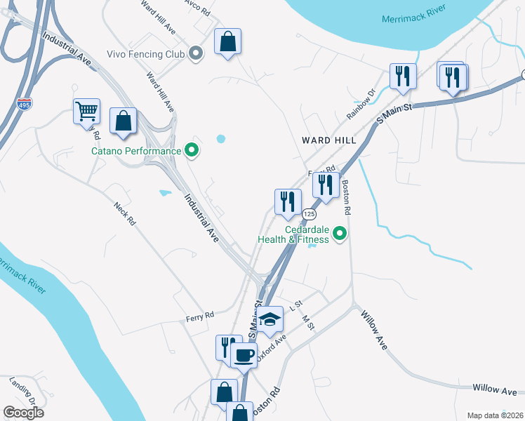 map of restaurants, bars, coffee shops, grocery stores, and more near 125 Ferry Road in Haverhill