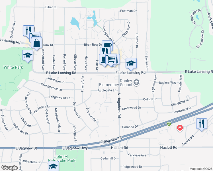map of restaurants, bars, coffee shops, grocery stores, and more near 1350 East Lake Lansing Road in East Lansing