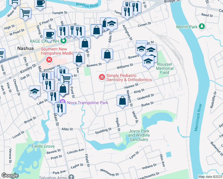 map of restaurants, bars, coffee shops, grocery stores, and more near 9 McKean Street in Nashua