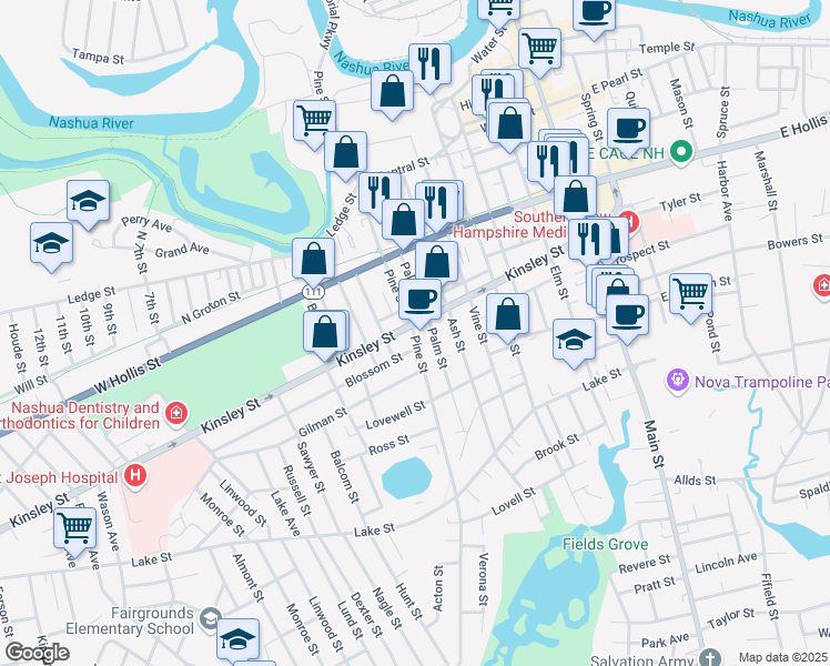 map of restaurants, bars, coffee shops, grocery stores, and more near 105 Pine Street in Nashua