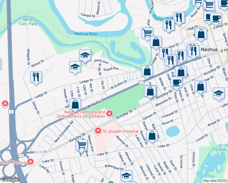 map of restaurants, bars, coffee shops, grocery stores, and more near 15 4th Street in Nashua
