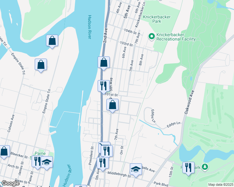 map of restaurants, bars, coffee shops, grocery stores, and more near 61 6th Avenue in Troy