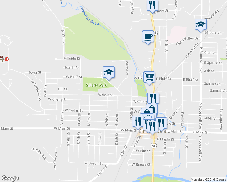 map of restaurants, bars, coffee shops, grocery stores, and more near 607 West Bluff Street in Cherokee