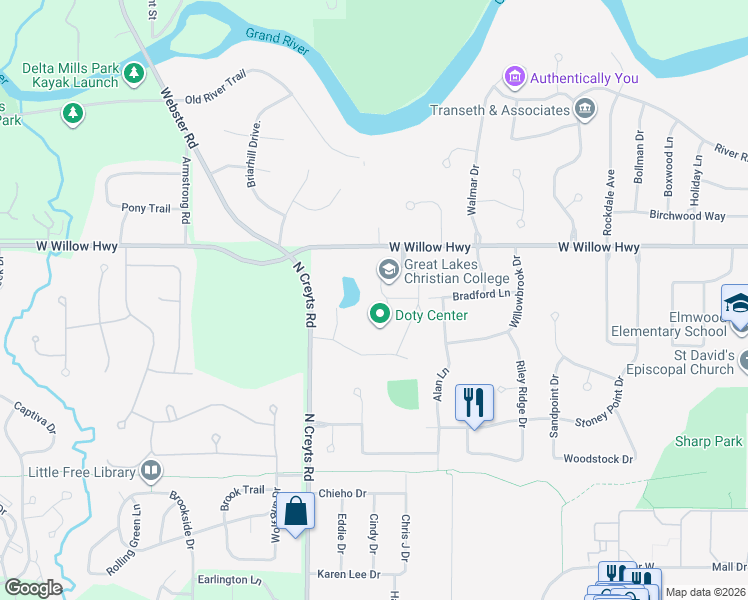 map of restaurants, bars, coffee shops, grocery stores, and more near 6211 West Willow Highway in Lansing
