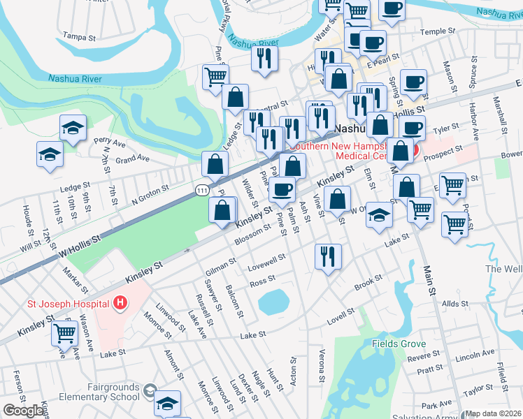 map of restaurants, bars, coffee shops, grocery stores, and more near 73 Kinsley Street in Nashua