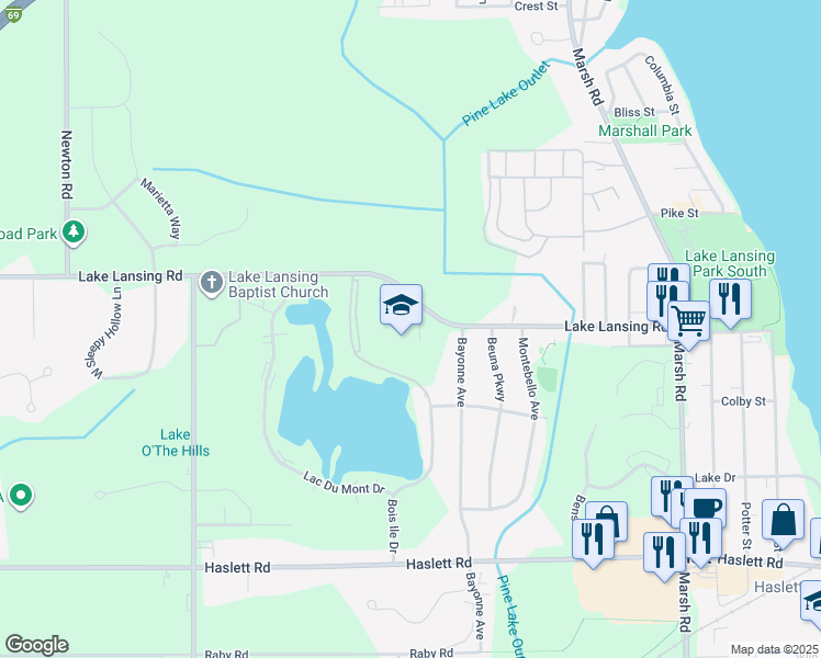 map of restaurants, bars, coffee shops, grocery stores, and more near 1875 Lake Lansing Road in Meridian charter Township