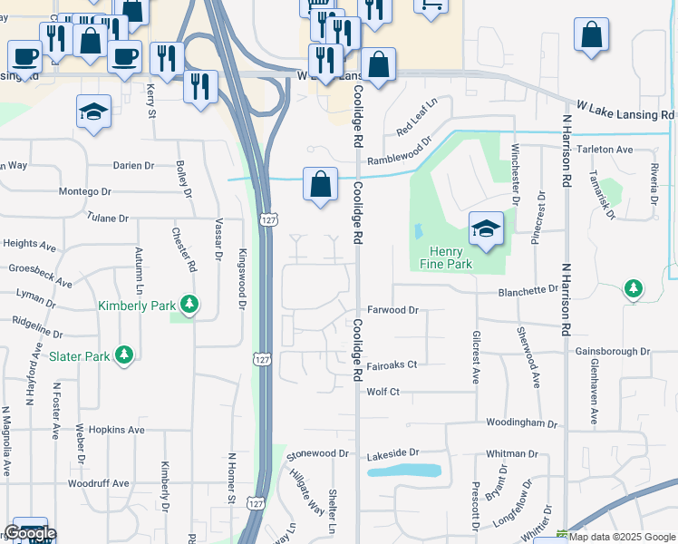 map of restaurants, bars, coffee shops, grocery stores, and more near in East Lansing