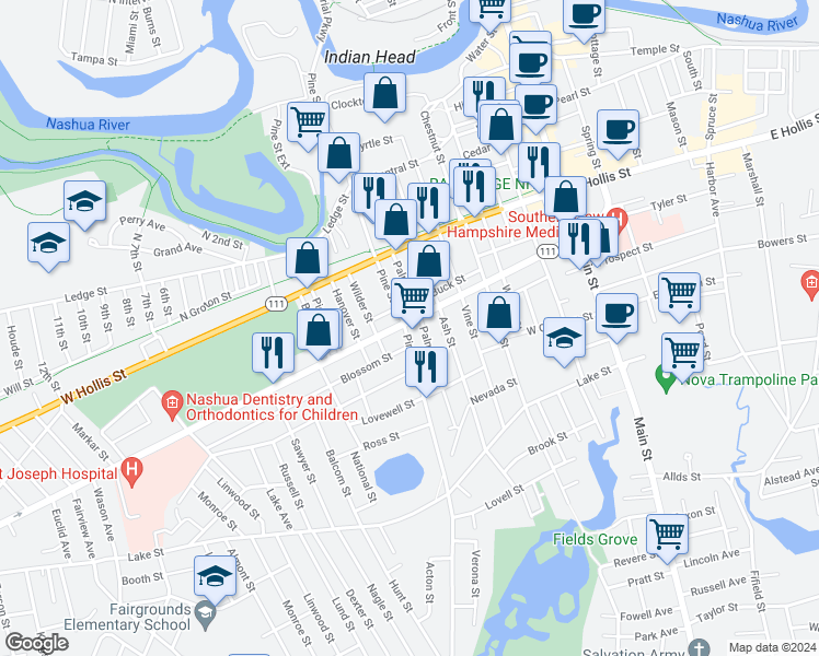 map of restaurants, bars, coffee shops, grocery stores, and more near 60 Kinsley Street in Nashua