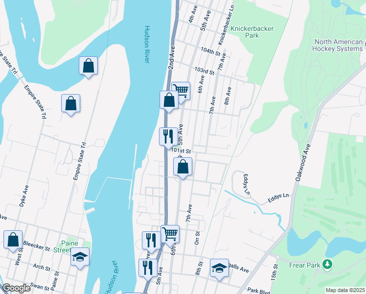 map of restaurants, bars, coffee shops, grocery stores, and more near 55 5th Avenue in Troy