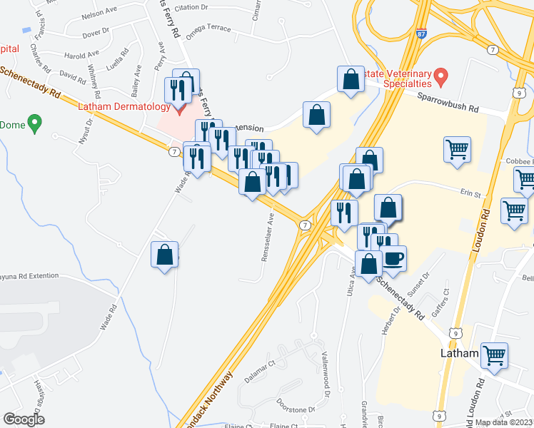map of restaurants, bars, coffee shops, grocery stores, and more near 651 New York 7 in Latham