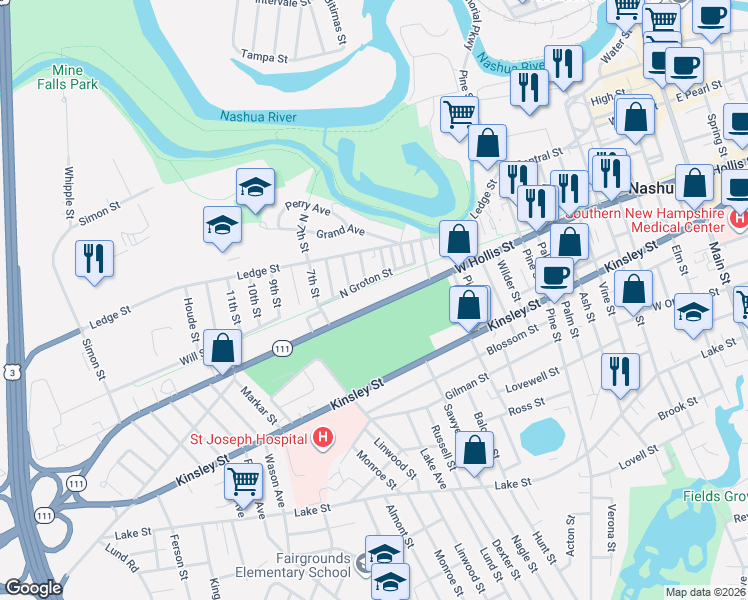 map of restaurants, bars, coffee shops, grocery stores, and more near 15 4th Street in Nashua