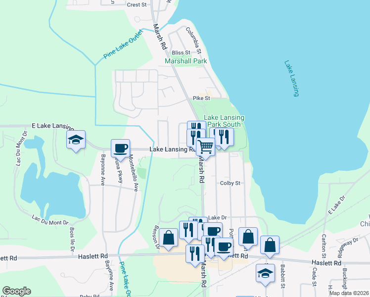 map of restaurants, bars, coffee shops, grocery stores, and more near 5978 Martinus Street in Haslett