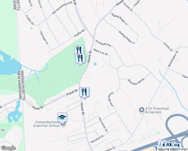 map of restaurants, bars, coffee shops, grocery stores, and more near 5 Garside Terrace in Methuen