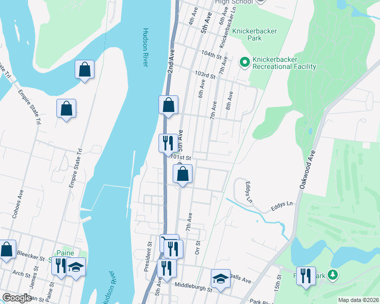 map of restaurants, bars, coffee shops, grocery stores, and more near 61 6th Avenue in Troy