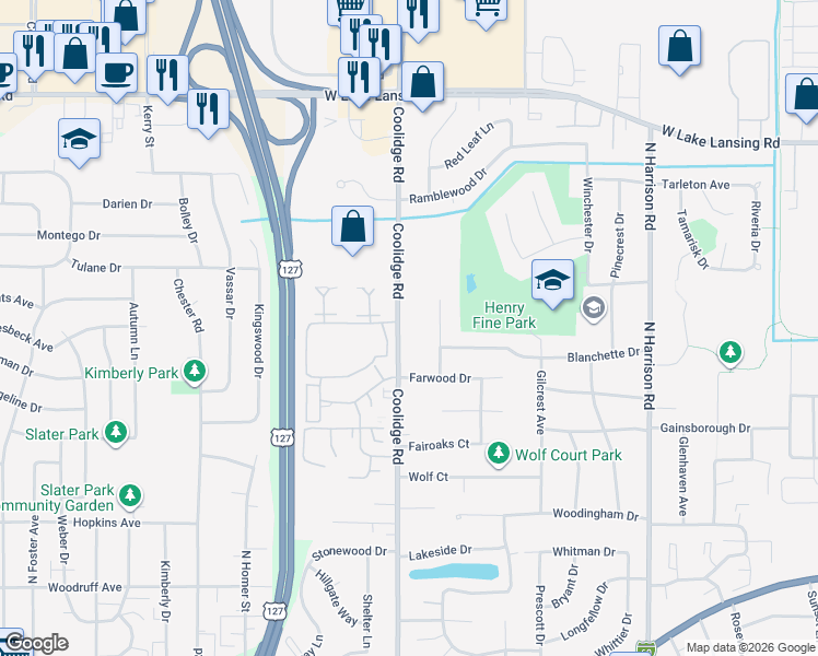 map of restaurants, bars, coffee shops, grocery stores, and more near 1841 Bramble Drive in East Lansing